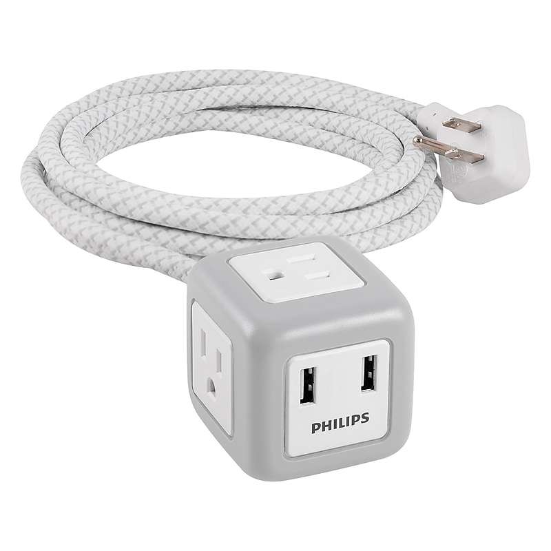Philips 3-Outlet 2-USB Port Power Strip, 10', Gray/White (SPS3102WB/37) image 1