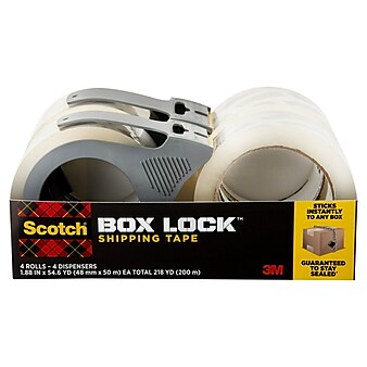 Scotch® Box Lock™ Shipping Packing Tape with Refillable Dispensers, Clear, 1.88 in x 54.6 yd, 4 Rolls/Pack (3950-4RD)