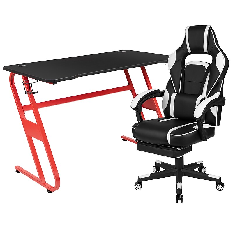 Flash Furniture 52"W Gaming Desk with White Reclining Back/Arms Gaming Chair with Footrest, Black (BLNX40RSG1030WH) image 1