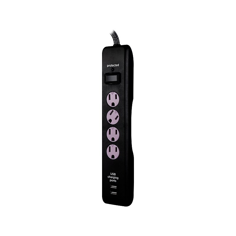 Cordinate 4-Outlet 2-USB Port Surge Protector, 2.5', Black/Pink Heather (58795) image 1
