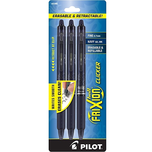Pilot FriXion Clicker Erasable Retractable Gel Pen, Fine 0.7 mm, Navy Ink/Barrel, 3/Pack