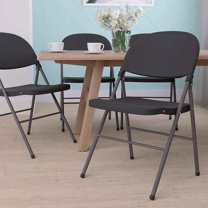 Flash Furniture HERCULES™ Plastic Armless Folding Chair With Charcoal Frame, Black, 4/Pack image 1