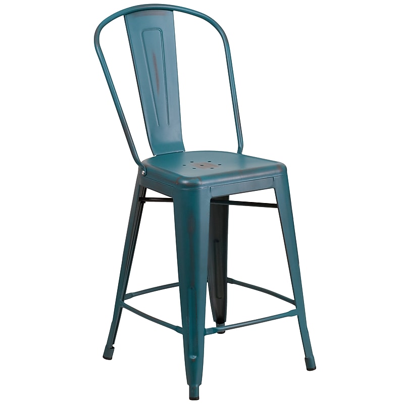 Flash Furniture Carly Contemporary Metal Slat Back Counter Stool, Distressed Kelly Blue-Teal (ET353424KB) image 1