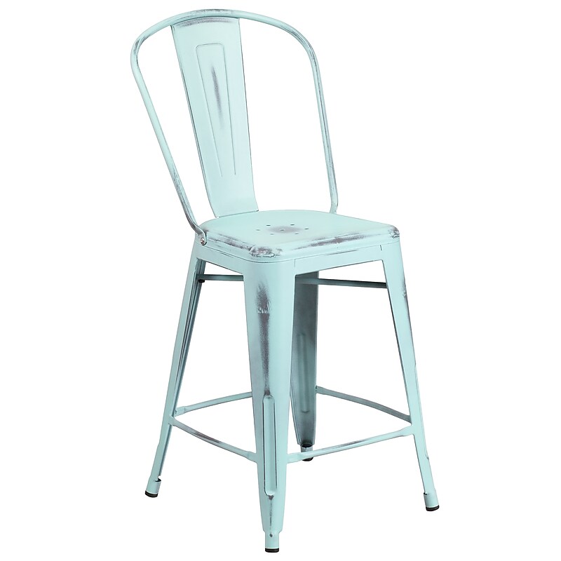 Flash Furniture Carly Contemporary Metal Slat Back Counter Stool, Distressed Green-Blue (ET353424DB) image 1