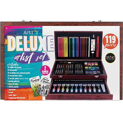 Wooden Art Kit Painting Supplies in Portable Wooden Art Case, Acrylic  Paints, Oil Pastels, Colored Pencils, Portable Art Paint 