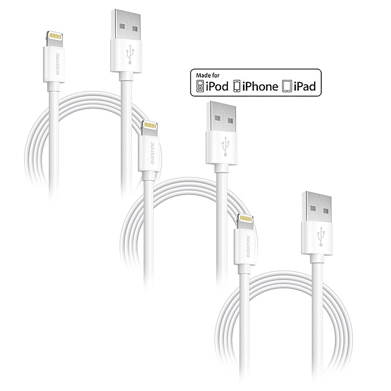 Overtime Apple MFi Certified Lighting USB 4ft Cable for iPhone/iPad/iPod Touch, White, Pack of 3 (CE14541A) image 1