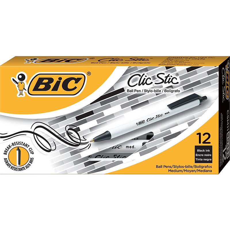 BIC Clic Stic Retractable Ballpoint Pen, Medium Point, Black Ink, 12/Case (CSM11-BLK) image 1