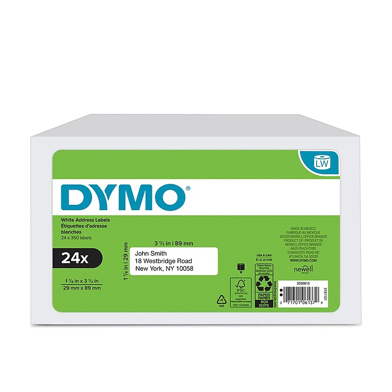 DYMO LabelWriter 2050813 Mailing Address Labels, 3-1/2" x 1-1/8", Black on White, 350 Labels/Roll, 24 Rolls/Box (2050813) image 1