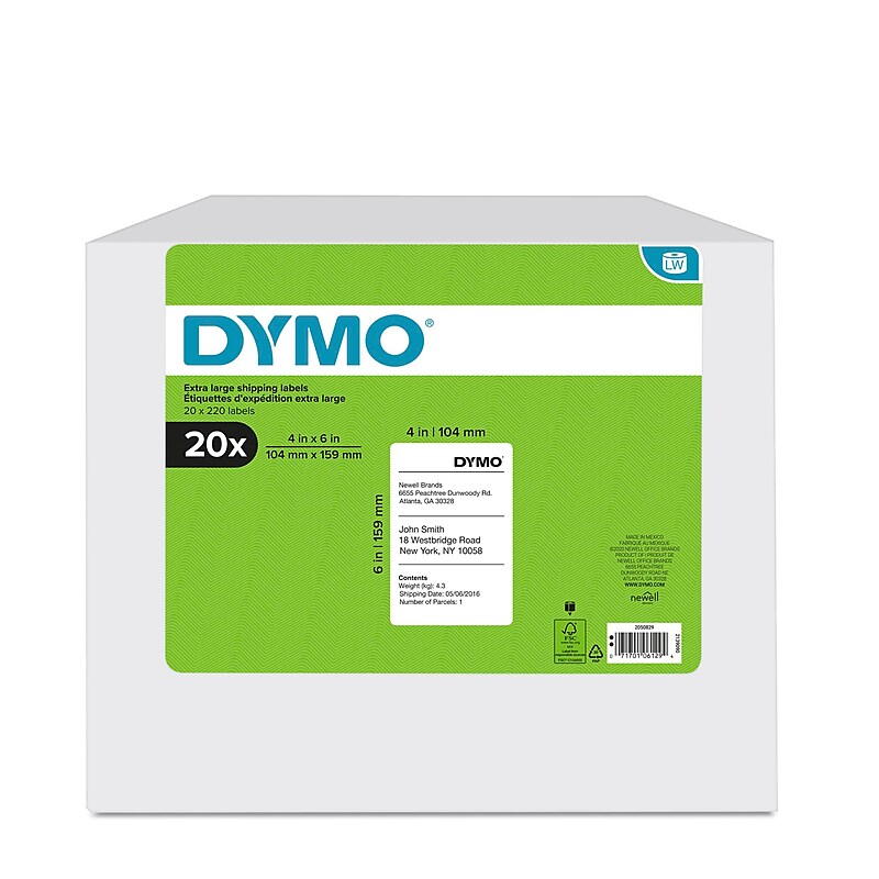 DYMO LabelWriter 2050829 Extra Large Shipping Labels, 4" x 6", Black on White, 220 Labels/Roll, 20 Rolls/Box (2050829) image 1