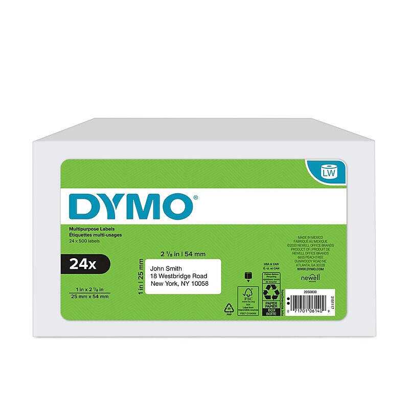 DYMO LabelWriter 2050830 Multi-Purpose Labels, 2-1/8" x 1", Black on White, 500 Labels/Roll, 24 Rolls/Box (2050830) image 1