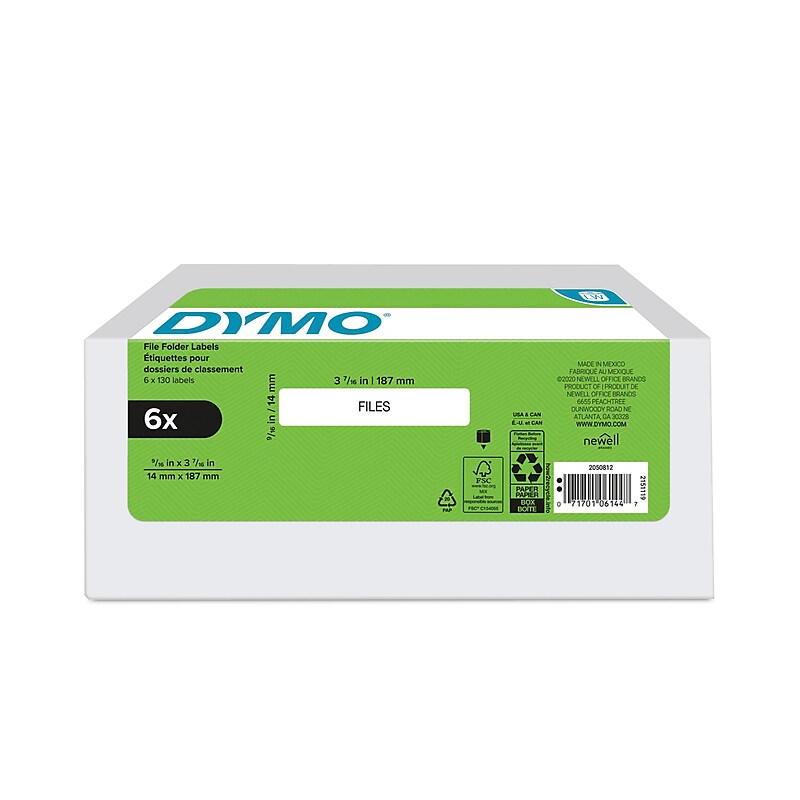 DYMO LabelWriter 2050812 File Folder Labels, 3-7/16" x 9/16", Black on White, 130 Labels/Roll, 6 Rolls/Box (2050812) image 1