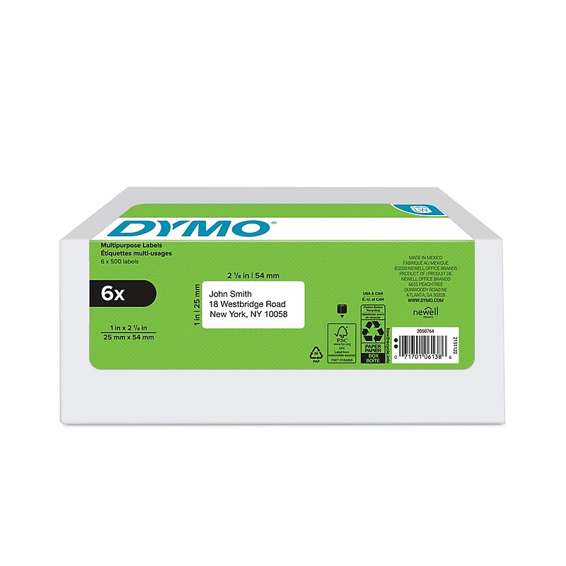 DYMO LabelWriter 2050764 Multi-Purpose Labels, 2-1/8" x 1", Black on White, 500 Labels/Roll, 6 Rolls/Box (2050764) image 1
