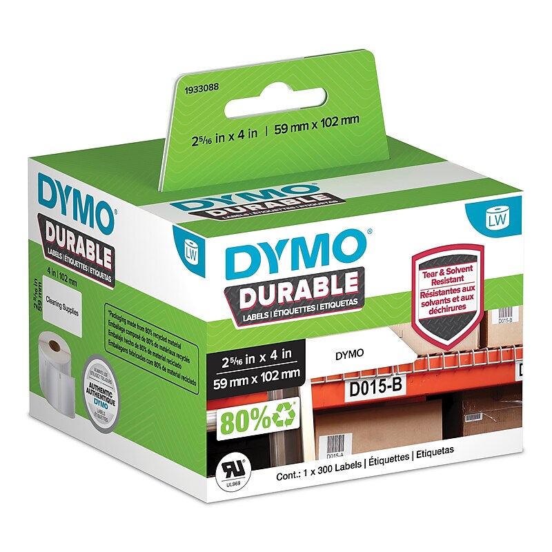 DYMO LabelWriter 1933088 Durable Industrial Labels, 4" x 2-5/16", Black on White, 300 Labels/Roll (1933088) image 1