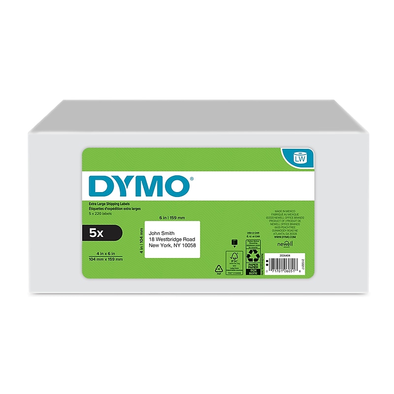 DYMO LabelWriter 2026404 Extra Large Shipping Labels, 4" x 6", Black on White, 220 Labels/Roll, 5 Rolls/Pack (2026404) image 1