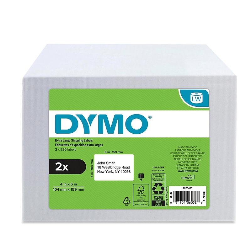 DYMO LabelWriter 2026405 Extra Large Shipping Labels, 4" x 6", Black on White, 220 Labels/Roll, 2 Rolls/Pack (2026405) image 1