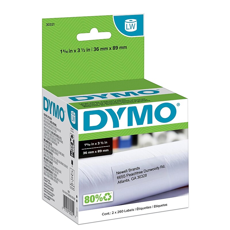 DYMO LabelWriter 30321 Large Mailing Address Labels, 3-1/2" x 1-4/10", Black on White, 260 Labels/Roll, 2 Rolls/Box (30321) image 1