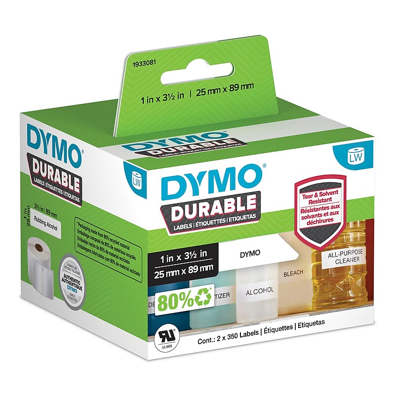 DYMO LabelWriter 1933081 Durable Industrial Labels, 3-1/2" x 1", Black on White, 350 Labels/Roll, 2 Rolls/Box (1933081) image 1