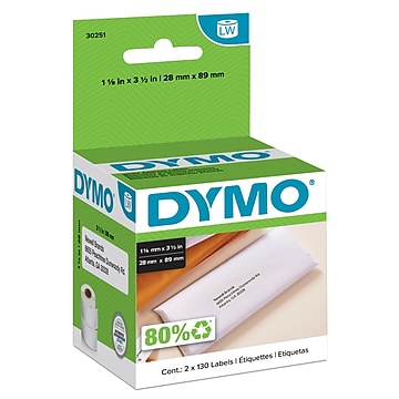 Dymo LabelWriter Address 30251 Label Printer Labels, 1.13"W, Black On White, 130 Labels/Roll, 2 Rolls/Box