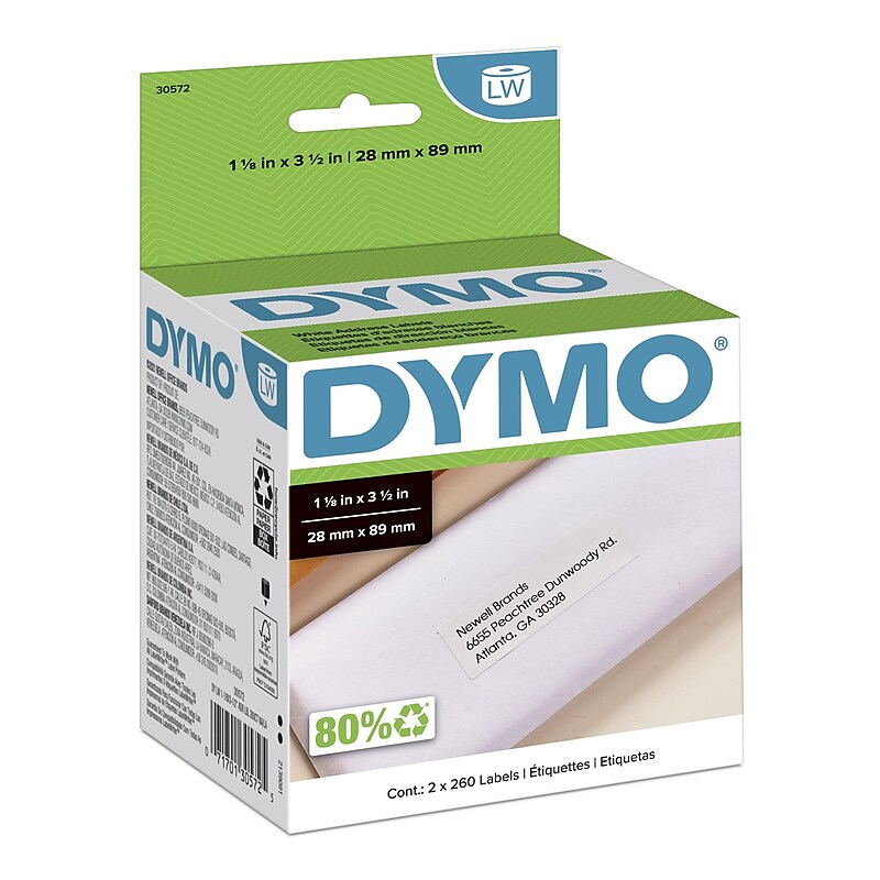 DYMO LabelWriter 30572 Mailing Address Labels, 3-1/2" x 1-1/8", Black on White, 260 Labels/Roll, 2 Rolls/Each (30572) image 1