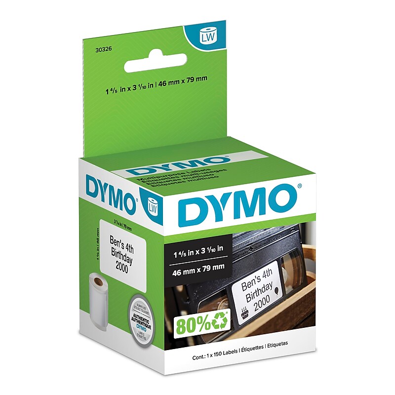 DYMO LabelWriter 30326 Multi-Purpose Labels, 3-1/10" x 1-4/5", Black on White, 150 Labels/Roll (30326) image 1