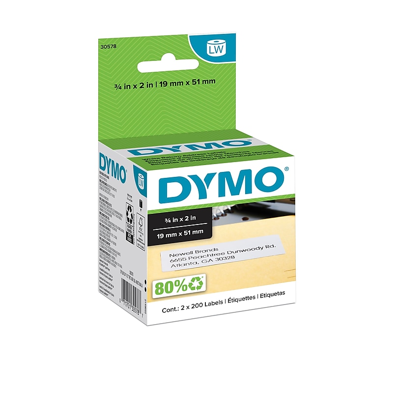 DYMO LabelWriter 30578 Return Address Labels, 2" x 3/4", Black on White, 200 Labels/Roll, 2 Rolls/Pack (30578) image 1