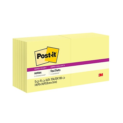 Post It Super Sticky Notes 3 X 3 Canary Yellow 90 Sheets Pad 12 Pads Pack 654 12sscy Staples