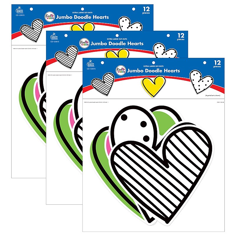 Carson Dellosa Education Kind Vibes Jumbo Doodle Hearts Cut-Outs, 12 Per Pack, 3 Packs (CD-120615-3) image 1