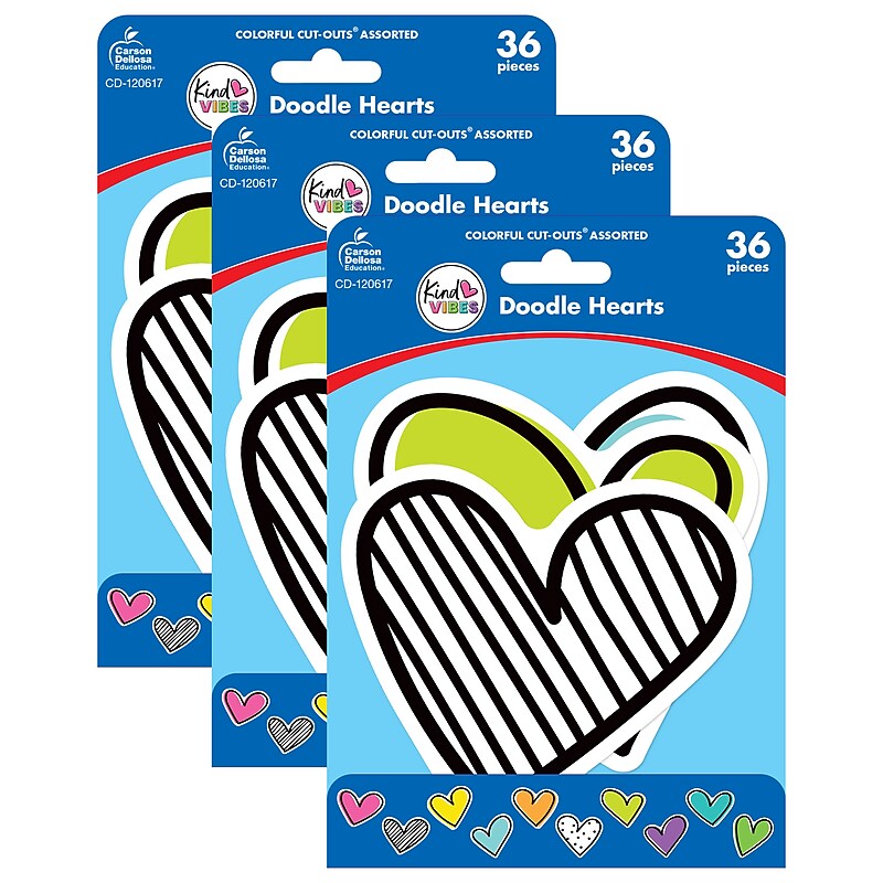 Carson Dellosa Education Kind Vibes Doodle Hearts Cut-Outs, 36 Per Pack, 3 Packs (CD-120617-3) image 1