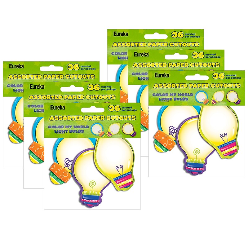 Eureka Color My World Light Bulbs Assorted Paper Cut Outs, 36 Per Pack, 6 Packs (EU-841006-6) image 1