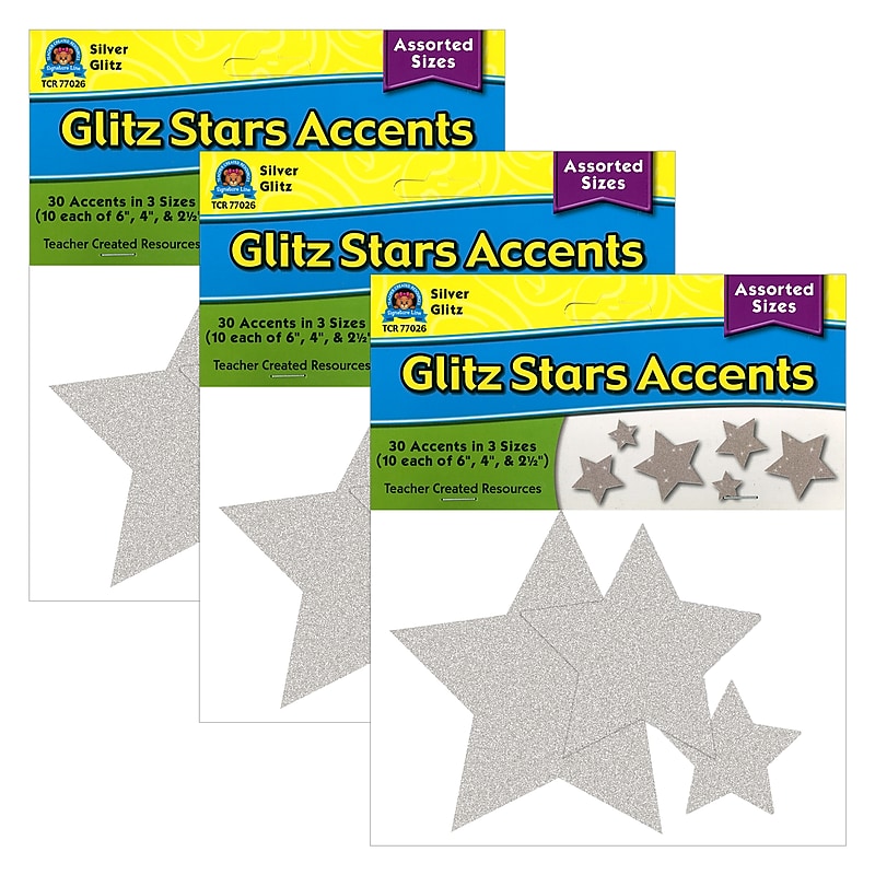 Teacher Created Resources Silver Glitz Stars Accents, Assorted Sizes, 30 Per Pack, 3 Packs (TCR77026-3) image 1