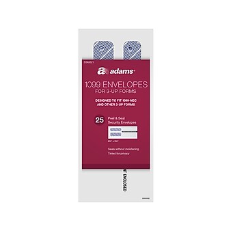 Adams 2021 3-Up 1099 Tax Form Envelopes, White, 25/Pack (STAX321)