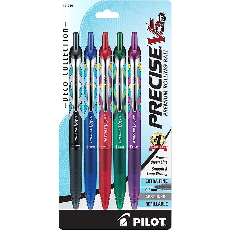 Pilot Precise V5 RT Deco Collection Retractable Rollerball Pens, Extra Fine Point, Assorted Ink, 5/Pack (41980) image 1