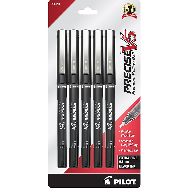Pilot Precise V5 Rollerball Pens, Extra Fine Point, 0.5mm, Black Ink, 5/Pack (26010) image 1
