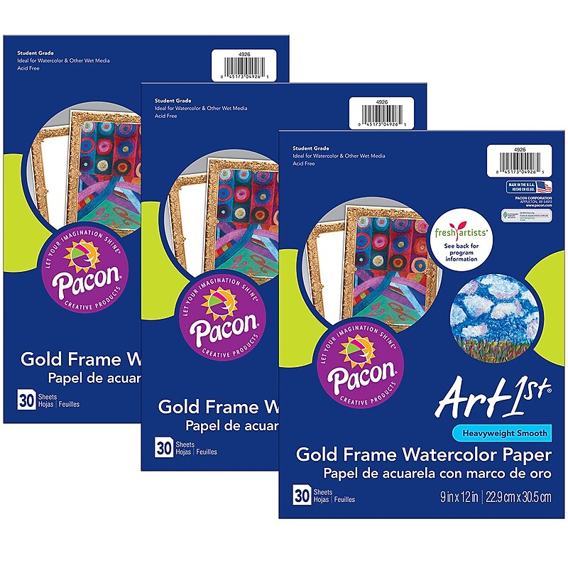 UCreate Watercolor Paper, Gold Frame, Grade K+, 30 Sheets Per Pack, 3 Packs (PAC4926-3) image 1