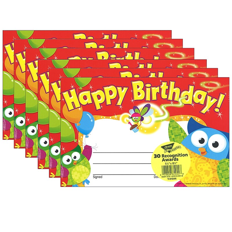 TREND Happy Birthday Owl-Stars! Recognition Awards, 30 Per Pack, 6 Packs (T-81044-6) image 1