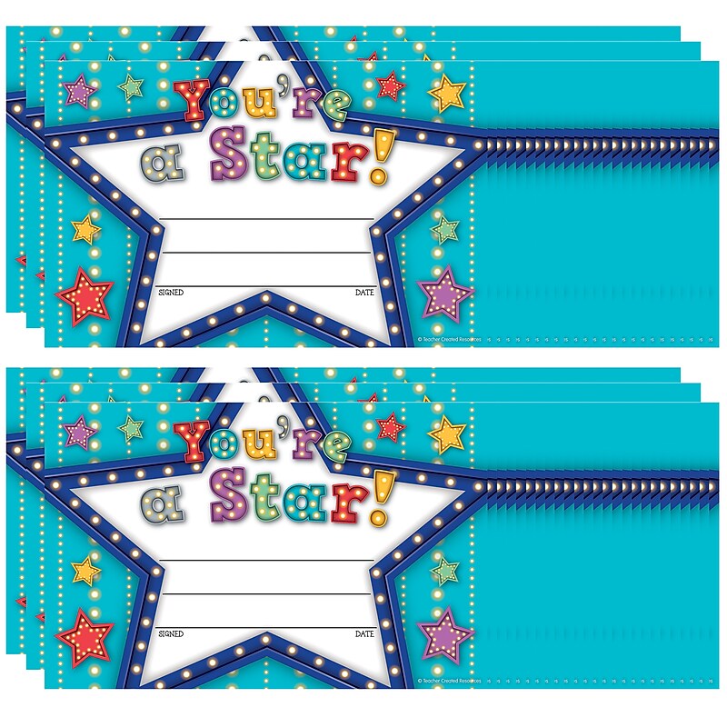 Teacher Created Resources Marquee You're a Star Awards, 8.5" x 5.5", Multicolored, 25 Per Pack, 6 Packs (TCR5485-6) image 1