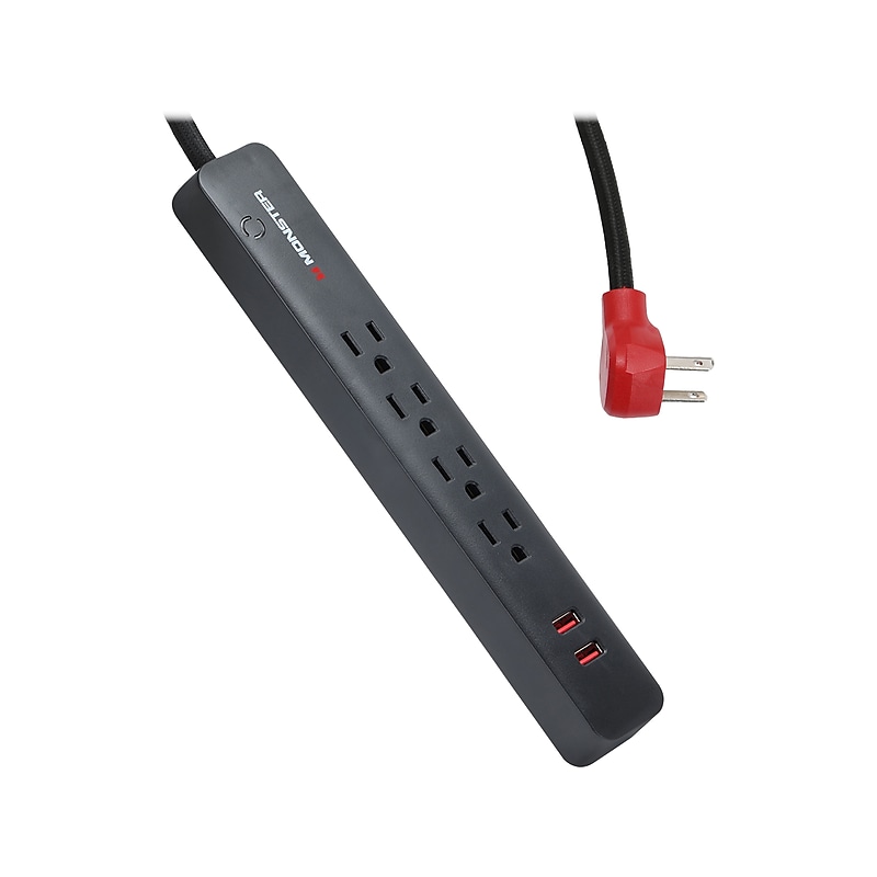 Monster 4-Outlet 2-USB Port Surge Protector, 6', Black/Red (2MNAC0947B0L2) image 1