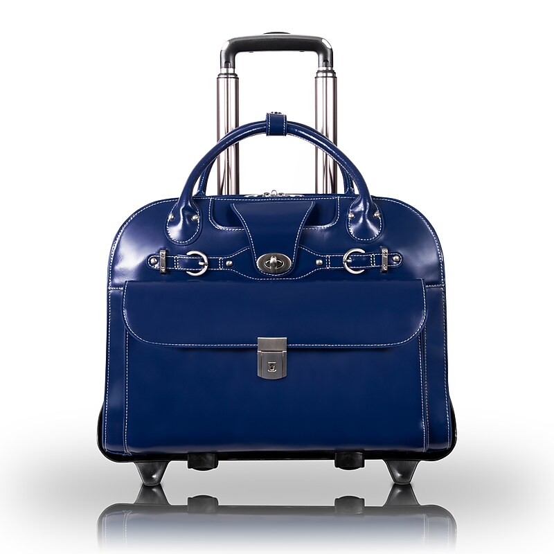 McKlein Roseville Leather Briefcase, Laptop Compatible, Rolling, TSA Checkpoint Friendly, Navy (96647) image 1