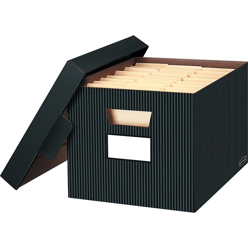 Bankers Box® Stor/File Medium Duty Recycled FastFold Corrugated File Box with Lift Off lid, Letter/Legal Size, Pinstripe image 1
