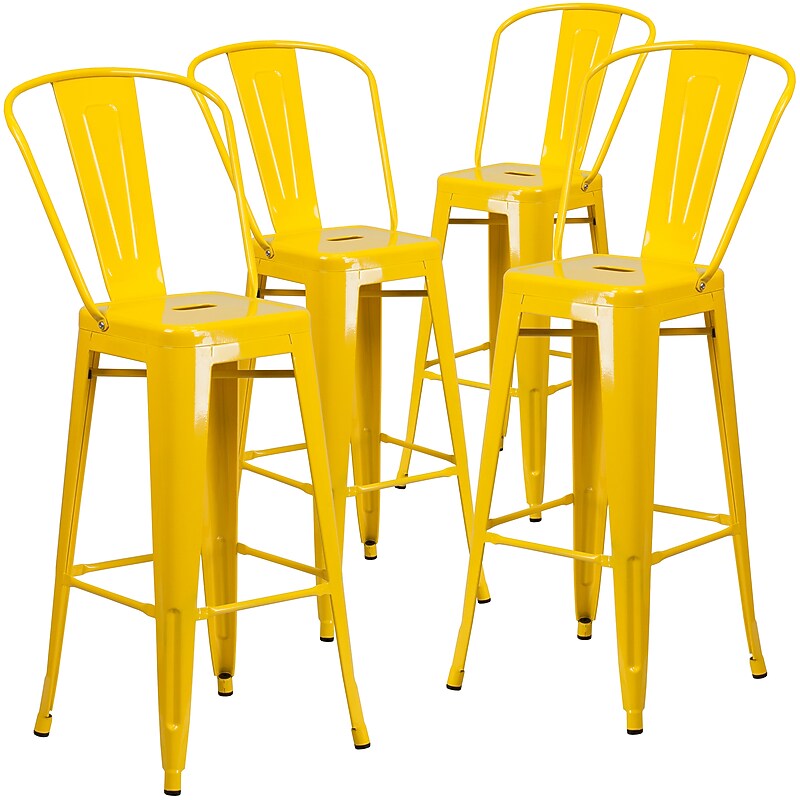 Flash Furniture Commercial Grade 30" High Yellow Metal Indoor-Outdoor Barstool with Removable Back, 4 Pack (4CH3132030GBYL) image 1