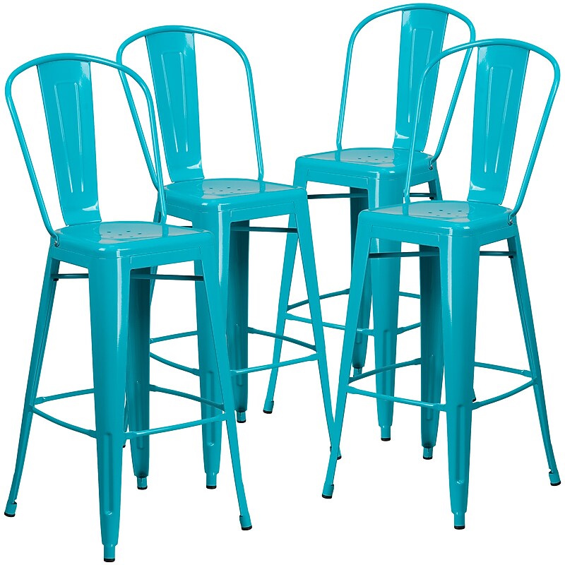 Flash Furniture Commercial Grade 30" High Crystal Teal-Blue Metal Indoor-Outdoor Barstool with Back, 4 Pack (4ET353430CB) image 1