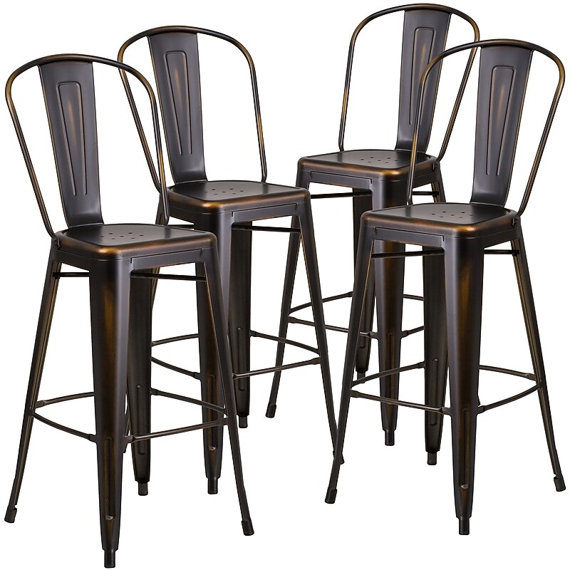 Flash Furniture Commercial Grade 30" High Distressed Copper Metal Indoor-Outdoor Barstool with Back, 4 Pack (4ET353430COP) image 1