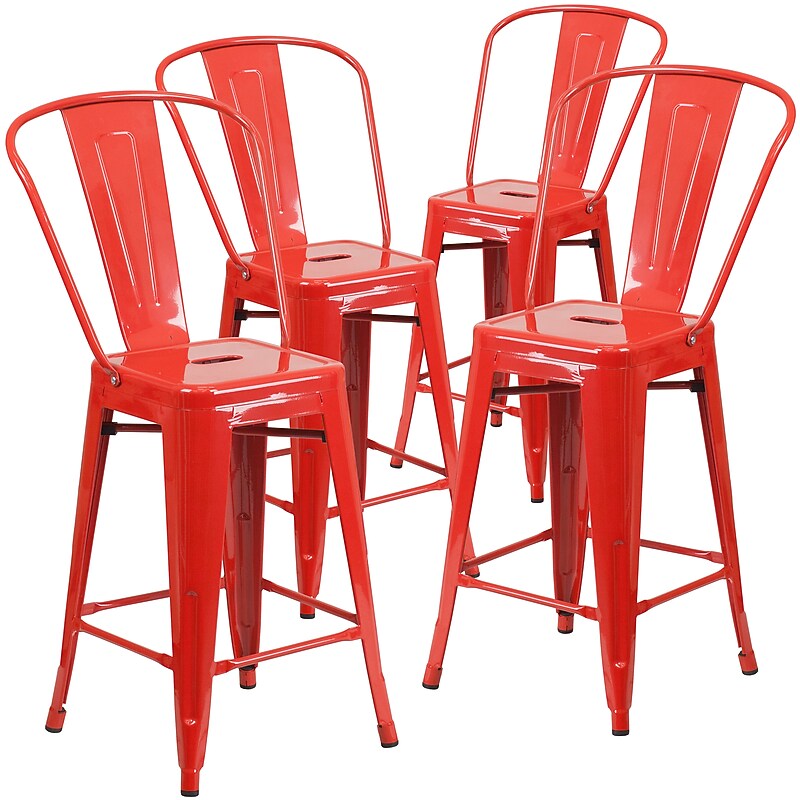 Flash Furniture Commercial 24" High Red Metal Indoor-Outdoor Counter Height Stool with Removable Back, 4 Pack (4CH3132024GBRED) image 1