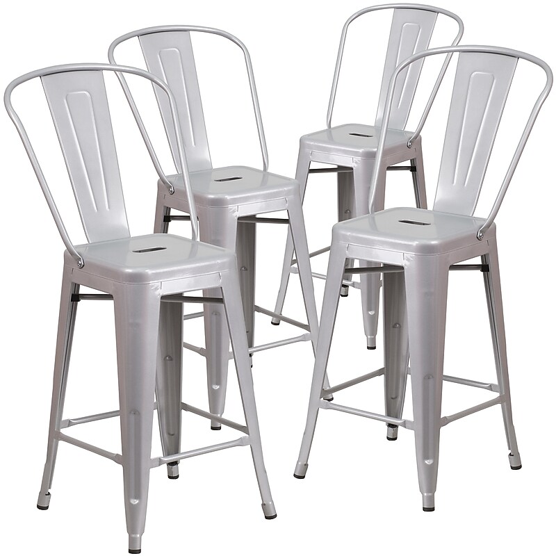 Flash Furniture 24" High Silver Metal Indoor-Outdoor Counter Height Stool with Removable Back, 4 Pack (4CH3132024GBSIL) image 1