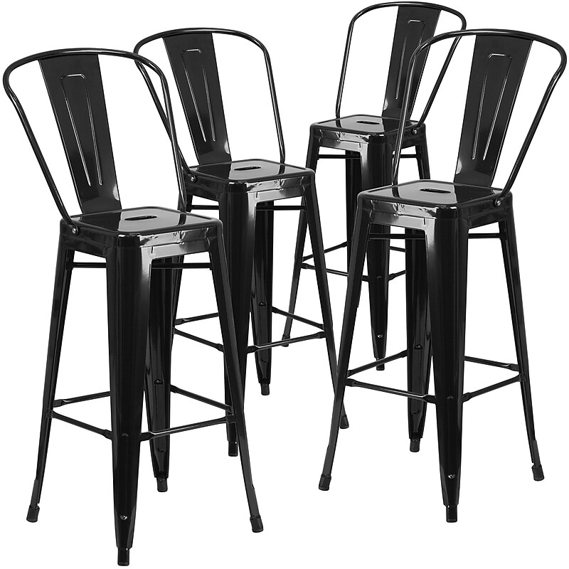 Flash Furniture Commercial Grade 30" High Black Metal Indoor-Outdoor Barstool with Removable Back, 4 Pack (4CH3132030GBBK) image 1