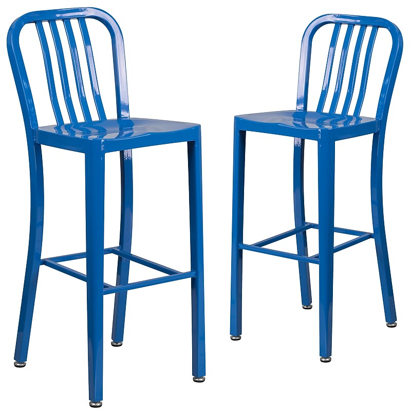 Flash Furniture Commercial Grade 30" High Blue Metal Indoor-Outdoor Barstool with Vertical Slat Back, 2 Pack (2CH6120030BL) image 1