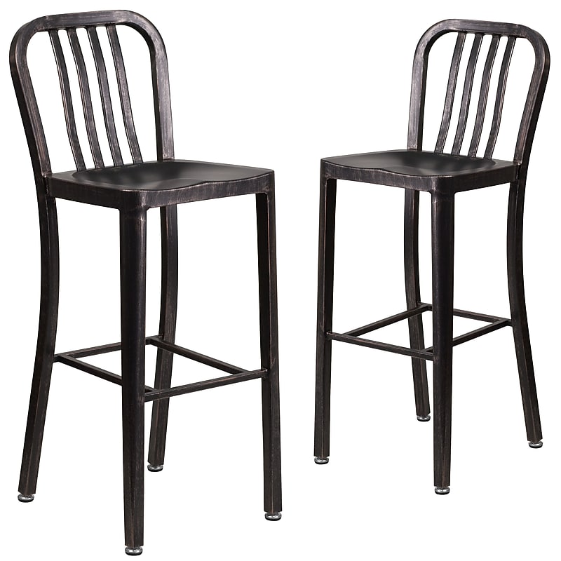 Flash Furniture 30" High Black-Antique Gold Metal Indoor-Outdoor Barstool with Vertical Slat Back, 2 Pack (2CH6120030BQ) image 1