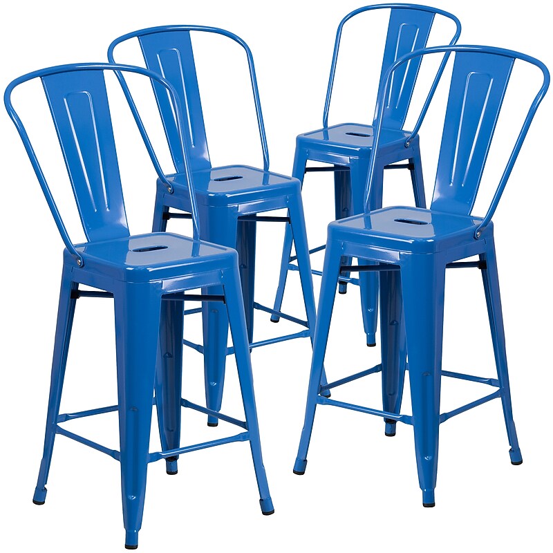 Flash Furniture Commercial 24" High Blue Metal Indoor-Outdoor Counter Height Stool with Removable Back, 4 Pack (4CH3132024GBBL) image 1