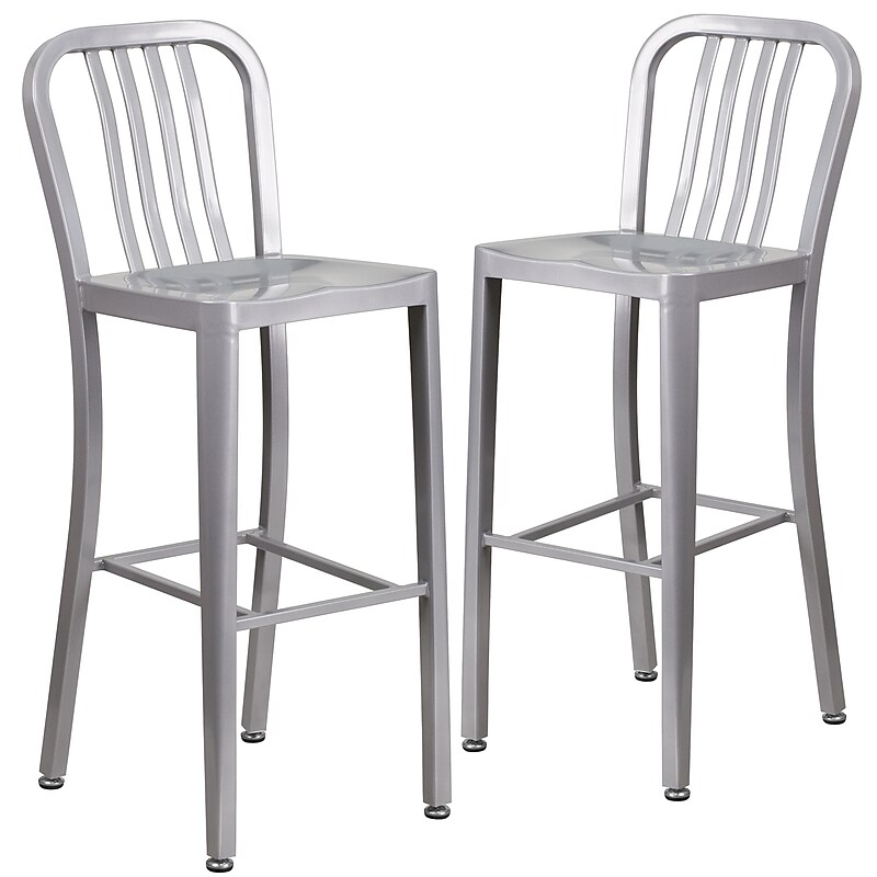 Flash Furniture Commercial Grade 30" High Silver Metal Indoor-Outdoor Barstool with Vertical Slat Back, 2 Pack (2CH6120030SIL) image 1
