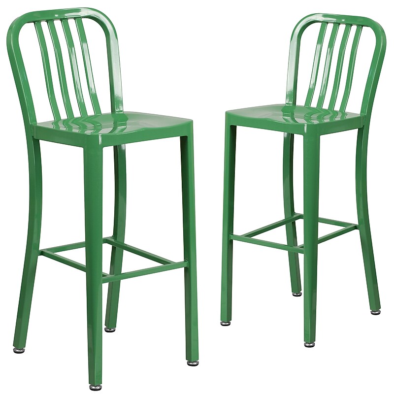 Flash Furniture Commercial Grade 30" High Green Metal Indoor-Outdoor Barstool with Vertical Slat Back, 2 Pack (2CH6120030GN) image 1